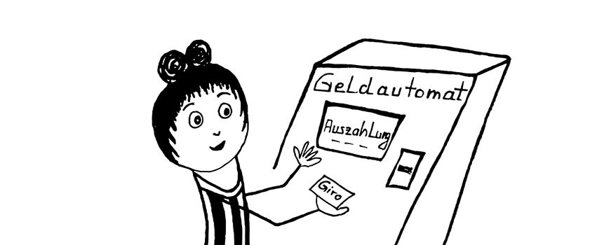 Die Zeichnung zeigt eine Frau. Die Frau hebt Geld von einem Geld-Automaten ab.